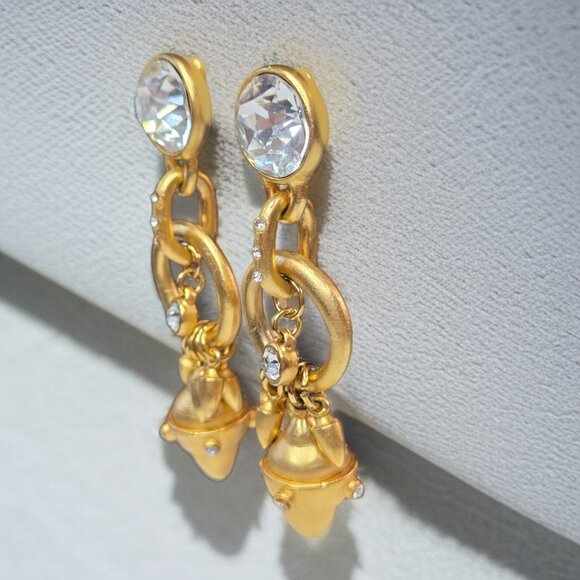 LES BERNARD Vintage 1980's Etruscan Matte Gold Crystal Dangle Charm Earrings - Picture 3 of 6
